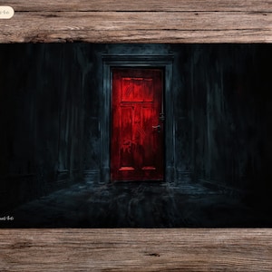 May include: A dark, ominous hallway with a single red door at the end. The door is closed and has a dark wooden frame. The walls are dark and textured, and the floor is covered in dust.