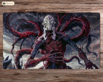 May include: A digital art print of a monstrous creature with red and black skin, a white skull-like head, and multiple limbs. The creature is set against a dark, stormy background.