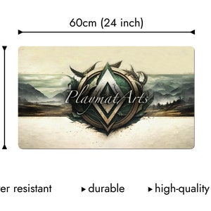 May include: A green, brown and gold Playmat Arts logo with a mountain landscape background. The playmat is 60cm wide and 35cm long. It is water resistant, durable and has a high-quality print.