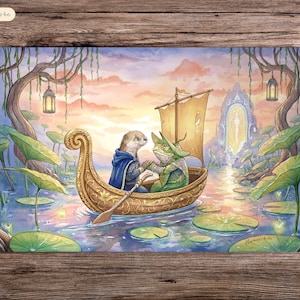 Puede incluir: Alfombrilla de juego de fantasía con una escena de una nutria y una rana en un bote dorado navegando en un estanque con nenúfares. El fondo muestra un portal místico, árboles y linternas, bajo un cielo de atardecer.