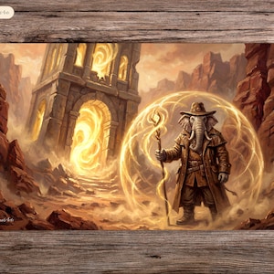 Può includere: Tappetino da gioco fantasy art con una figura con la testa di elefante in un cappotto e cappello marrone, che tiene un bastone, circondata da un campo di energia dorata. Lo sfondo mostra una torre di pietra e un paesaggio desertico.
