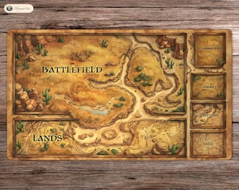 May include: A rectangular game mat with a desert battlefield design. The mat features a detailed map with the words "Battlefield" and "Lands." Additional sections are labeled "Commander," "Library," "Graveyard," and "Exile." The color palette includes browns, tans, and greens.