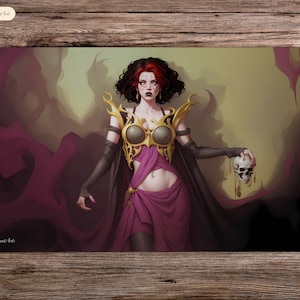 Puede incluir: Una mujer con cabello rojo oscuro y ojos oscuros lleva un traje dorado y morado con una calavera en la mano. El fondo es de color morado oscuro y amarillo.