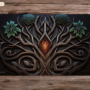 Könnte beinhalten: Ein dunkelgraues und braunes baumartiges Design mit einem leuchtenden orangefarbenen Diamanten in der Mitte. Der Baum hat grüne Blätter und Äste, die aufwendig verziert sind. Der Hintergrund ist dunkelgrau.