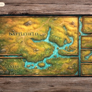 May include: A rectangular playmat with a detailed fantasy map design. The mat features a battlefield, river, and designated zones labeled "Commander," "Library," "Graveyard," "Exile," and "Lands." The color palette includes greens, yellows, and blues.