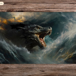 May include: A digital painting of a large, black dragon emerging from a stormy sea. The dragon's mouth is open, revealing sharp teeth and a long, forked tongue. The background is a dark, stormy sky with flashes of lightning.