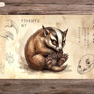 May include: A watercolor illustration of a badger with a black and white striped head, brown fur, and sharp claws. The image includes sketches of claws, paw prints, a skull, and text in English and Japanese on a parchment-like background.