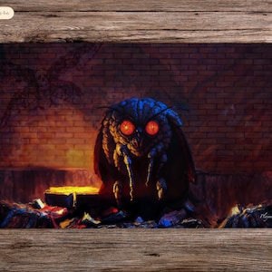May include: A large, blue and gray moth with glowing red eyes sits in front of a brick wall. The moth has a menacing expression and appears to be in a dark, shadowy environment.