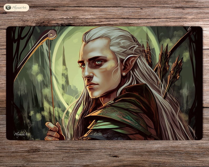May include: A digital illustration of a white-haired elf with a bow and arrow. The elf is wearing green and brown armour and has a serious expression on their face. The background is a dark forest with a moon in the sky.