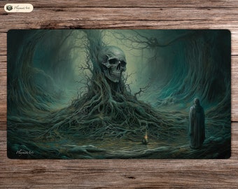 May include: A dark, eerie forest scene with a large, skeletal skull emerging from the roots of a tree. A lone figure in a hooded cloak stands in the distance, adding to the mysterious and haunting atmosphere.