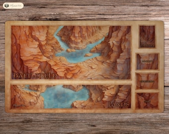 May include: A watercolour illustration of a canyon landscape with two bodies of water. The image is divided into two sections, labelled "Battlefield" and "Lands". The right side of the image has four rectangular boxes labelled "Commander", "Library", "Graveyard", and "Exile".