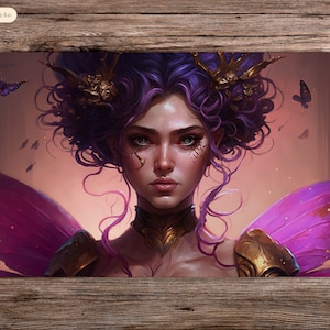 May include: A digital painting of a fairy with purple hair and wings. She has a crown of gold and a golden necklace. The background is a soft pink.