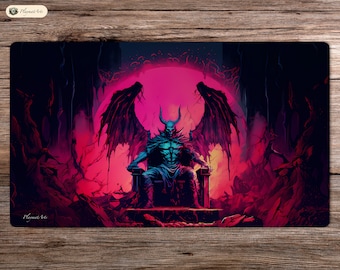 May include: A digital illustration of a blue demon with red eyes and horns sitting on a throne. The demon has large black wings and is surrounded by a red and pink glow. The background is dark and shadowy.