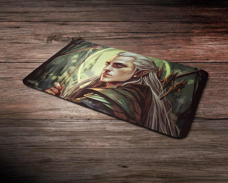 May include: A fantasy illustration of an elf with long white hair holding a bow and arrow. The elf is wearing green and brown clothing and is standing in a forest setting. The background is a blur of green and brown.