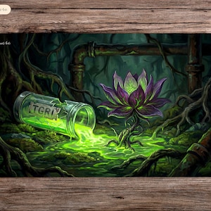 Könnte beinhalten: Spielmatte mit einer Fantasy-Szene. Ein zerbrochenes Glasgefäß verschüttet grüne Flüssigkeit, beschriftet mit "TGRI". Eine lila-grüne Lotusblume blüht inmitten von Wurzeln und Rohren in einer sumpfigen Umgebung.