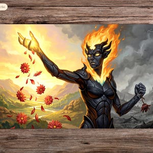 May include: A fantasy art playmat featuring a dark-skinned figure with fiery hair and glowing eyes. The figure is surrounded by a vibrant landscape on one side and a desolate, gray landscape on the other. Red flowers and petals are falling from the figure's hand.