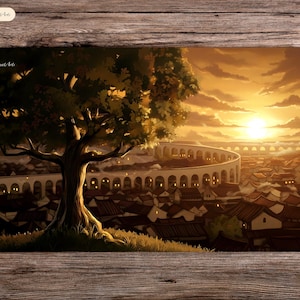 Op de afbeelding: Speelmat met een gedetailleerde illustratie van een stad bij zonsondergang. Een grote boom staat op de voorgrond, met een stad en een gebogen muur op de achtergrond. De lucht is gevuld met warme oranje en gele tinten.