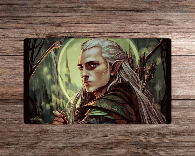 May include: A portrait of an elf with long white hair, wearing a green and brown tunic and holding a bow and arrow. The elf has a serious expression on their face and is looking to the left. The background is a dark forest with a glowing circle behind the elf.