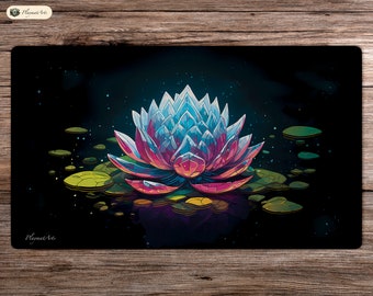May include: A vibrant blue and pink lotus flower with a crystal-like texture, blooming in a dark pond with green lily pads. The flower is illuminated from within, casting a soft glow.