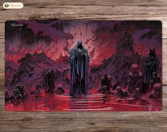 May include: A dark fantasy illustration of a hooded figure standing in a pool of blood, surrounded by other figures in a dark and desolate landscape.