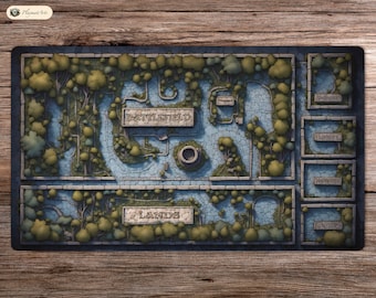 May include: A blue and green tabletop game board with a stone-like design. The board is divided into two sections, one labelled "Battlefield" and the other labelled "Lands". The board also includes a series of rectangular spaces labelled "Campground", "Leprechaun", "Sandstorm", and "Wyvern".