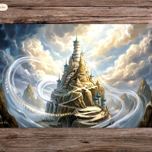 Op de afbeelding: Een fantasy art speelmat met een bergkasteel met kronkelende paden en torens. Het kunstwerk toont een bewolkte lucht met wervelende witte patronen en een brug. De speelmat heeft de tekst "Playmat Arts" in de hoek.