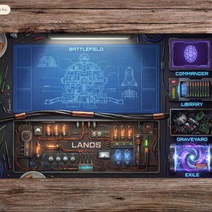 Könnte beinhalten: Gaming-Spielmatte mit detailliertem, futuristischem Design. Es zeigt eine blaupausenartige Schlachtfeldanzeige, Bedienfelder mit der Aufschrift "Commander", "Library", "Graveyard" und "Exile" sowie komplizierte Verkabelung und leuchtende Lichter.