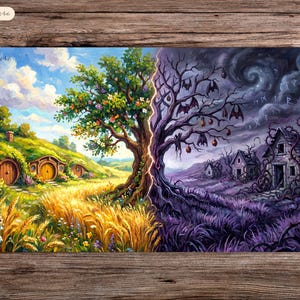 May include: A vibrant, split-scene artwork depicting a whimsical hobbit village on one side and a spooky, haunted landscape on the other. The artwork features a large tree splitting the two scenes, with the text "Planet Arts" in the top left corner.