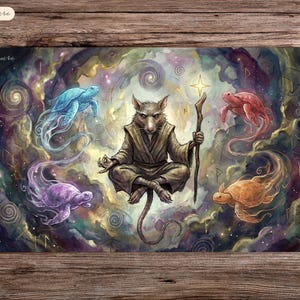 May include: A fantasy art playmat featuring a meditating rat-like figure holding a staff, surrounded by four ethereal turtles in shades of blue, purple, red, and orange. The background is a swirling nebula with geometric shapes.