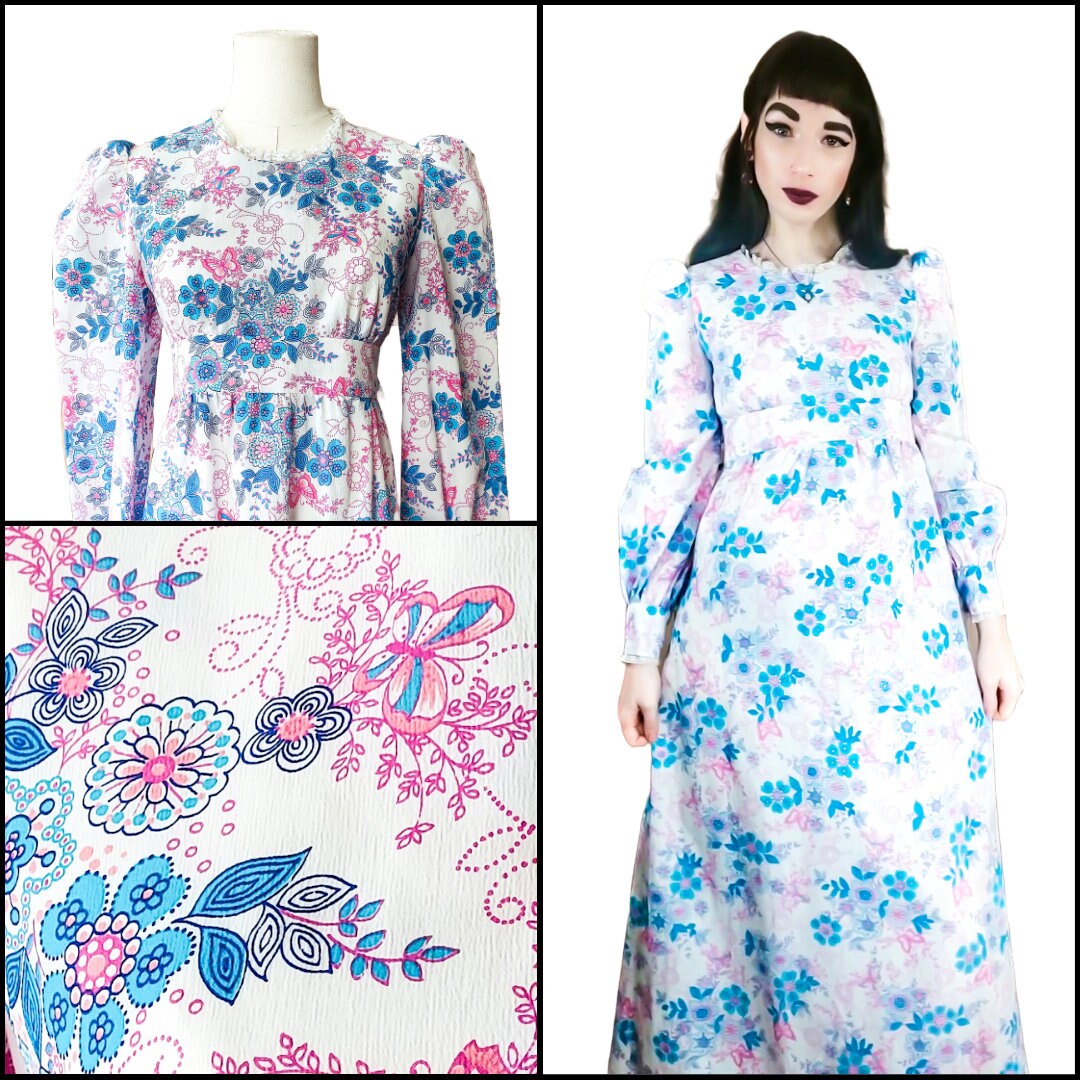 Vintage 1970s Floral Butterfly Puff Sleeve Empire Waist Maxi Dress 70s ...