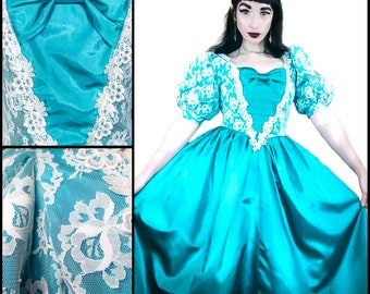 Vintage 1980s Puff Sleeve Teal Princess Southern Belle Ball Gown | 80s A-Line Lace Prom Cinderella Formal Dress