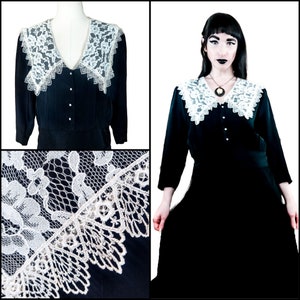 Vintage 1990s Lace Collar Goth Cottagecore Dress | 90s Statement Collar Grunge Jonathan Martin Midi Dress
