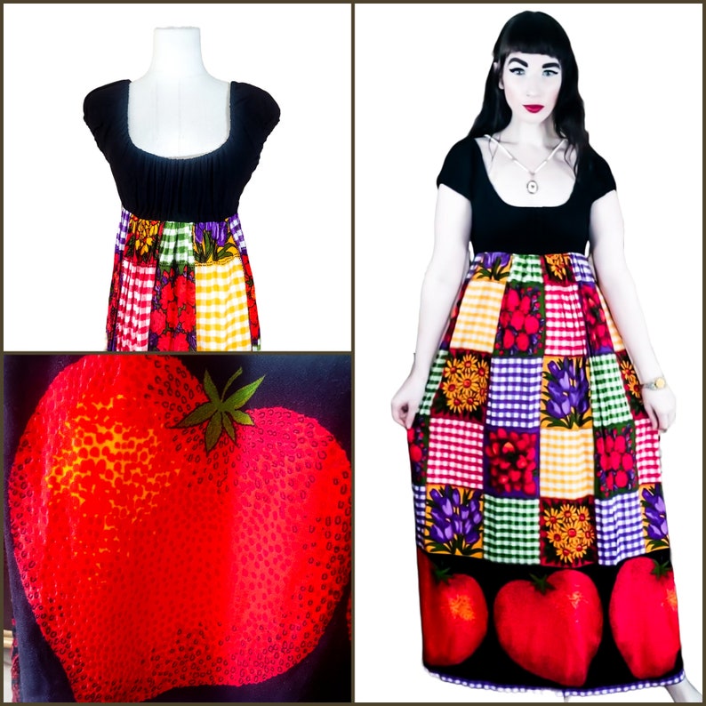 Vintage 1960s Young Edwardian Strawberry Empire Waist Maxi Dress 60s ArpejaCottagecore Puff Sleeve Patchwork Babydoll Checker Dress zdjęcie 1
