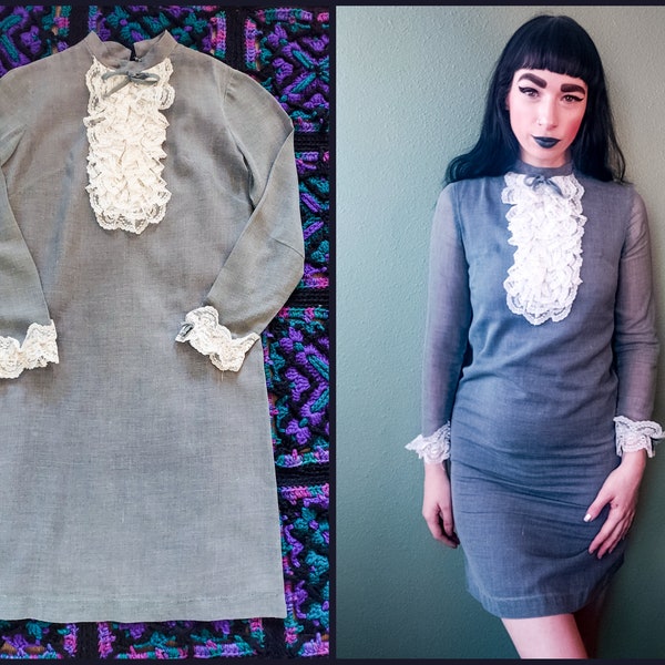 Vintage 60s Does Victorian Mod Ruffle Bib Collar Dress