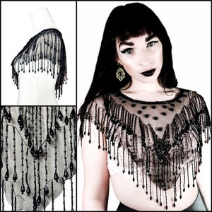 Antique Victorian Beaded Mourning Collar Tulle Floral Fringe Goth Capelet image 1