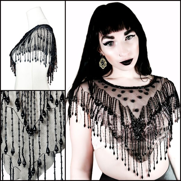 Antique Victorian Beaded Mourning Collar | Tulle Floral Fringe Goth Capelet