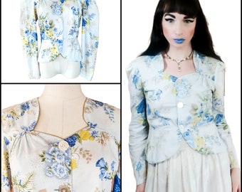 Vintage 1970s Western Sweetheart Neckline Juliet Sleeve Blouse | 70s Blue Flower Peplum Puff Sleeve Turtle Bax Top