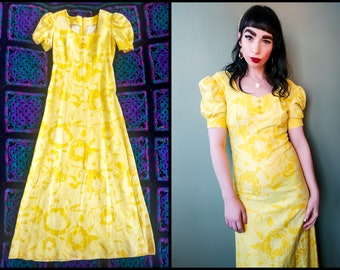 Vintage 70s Cottagecore Prairie Maxi Dress | Vintage Yellow Puff Sleeve Western Dress