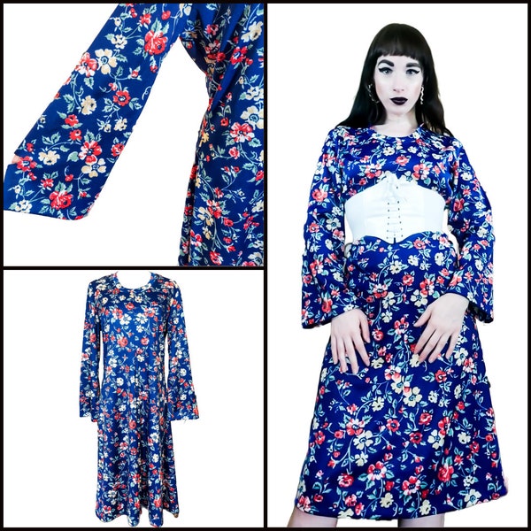 Vintage 1970s Bell Sleeve Sears Flower Power Trapeze Dress | 70s Floral Vines Scoop Neck Angel Sleeve Tent Midi Dress