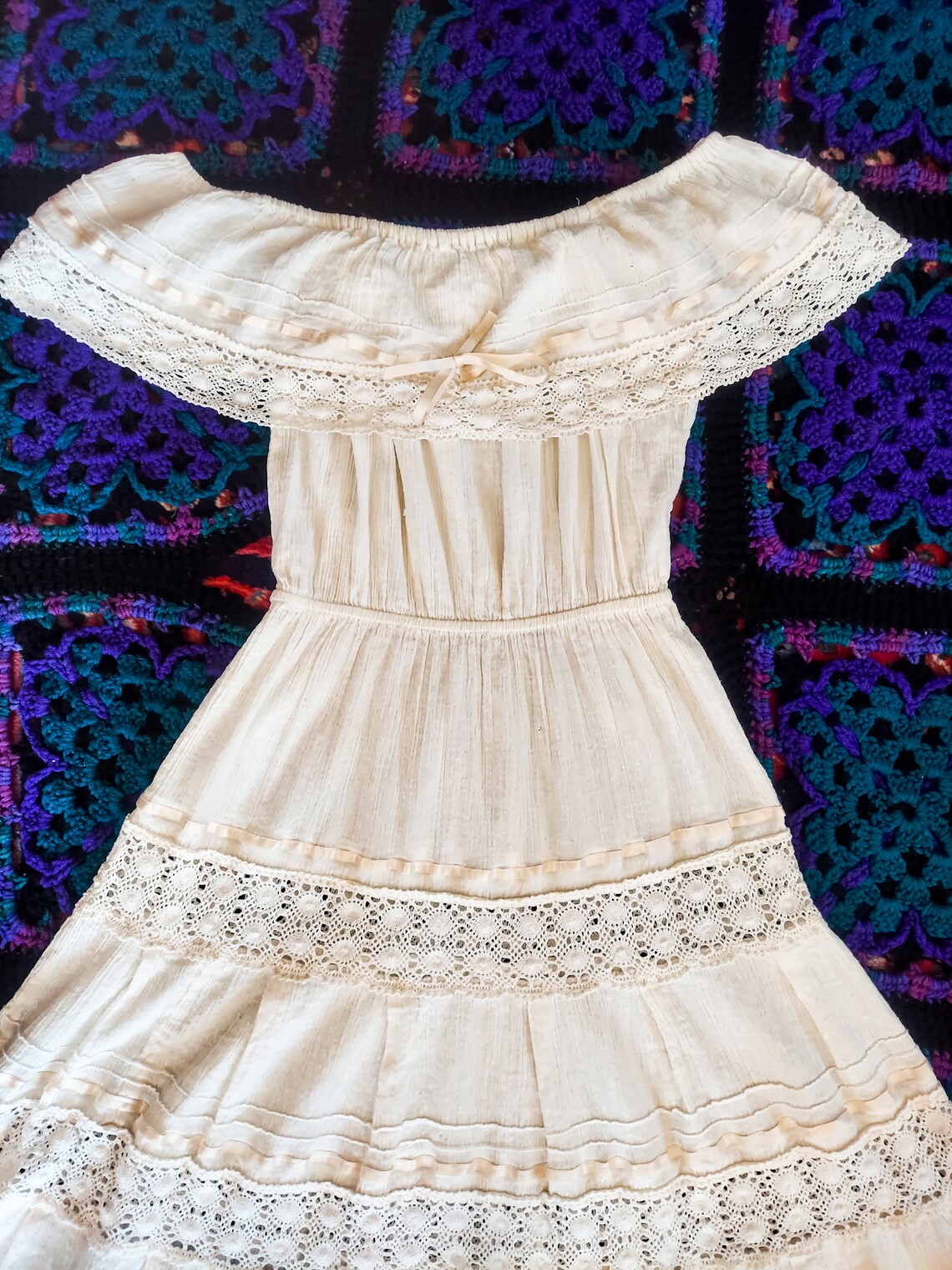 Vintage 70s White Embroidered Handmade Off the Shoulder Mexican Peasant Dress
