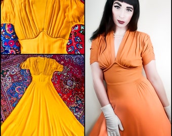 Vintage 40s Yellow Ruched Cocktail Dress | Plunging Empire Waist Shoulder Pad Maxi Dress