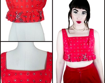 Vintage 1960s Bandana Print Western Cherry Red Crop Top | 60s Ruffle Sleeveless Pin-Up Rockabilly Summer Picnic Top