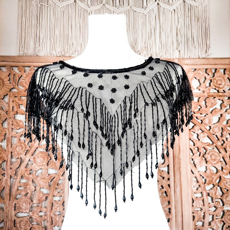 Antique Victorian Beaded Mourning Collar Tulle Floral Fringe Goth Capelet image 10