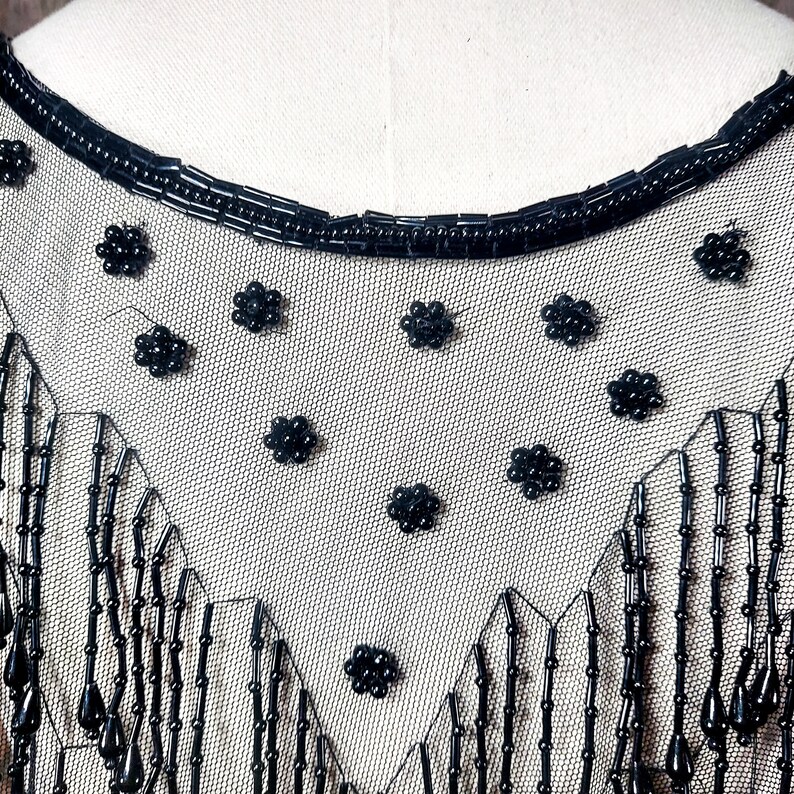 Antique Victorian Beaded Mourning Collar Tulle Floral Fringe Goth Capelet image 6