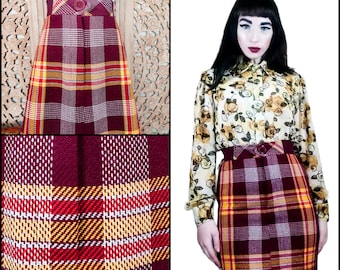 Vintage 1960s Bobbie Brooks karierter Academia Bleistift-Minirock | 60s Bodycon Rock, Tartan, Magenta und Gelb, aus der Schule