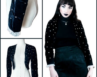 Vintage 1970s Velvet Rhinestone Glam Ruffle Bolero | 70s Black Cottagecore Goth Bedazzled Jewel Cropped Jacket