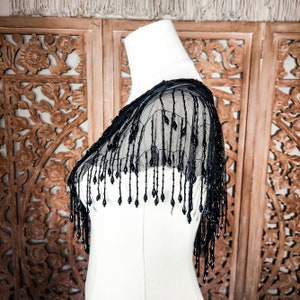 Antique Victorian Beaded Mourning Collar Tulle Floral Fringe Goth Capelet image 9