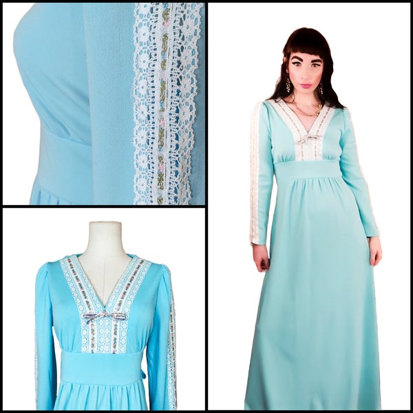 Vintage 1970s Empire Waist Lace Puff Sleeve Cottagecore Peasant Maxi Dress | 70s Pastel Blue Floral Ribbon Princess Maiden Prairie Dress