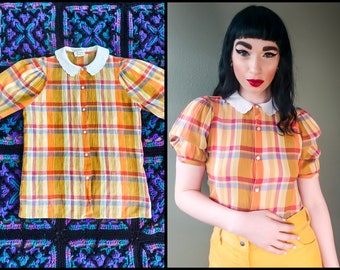 Vintage 60s Plaid Kidcore Shirt | Vintage Peter Pan Collar Puff Sleeve Picnic Shirt