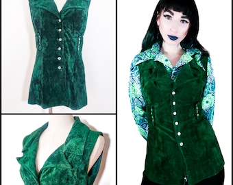 Gilet ceinturé en velours écrasé émeraude vintage des années 1960 | Long gilet mod vert années 60 à col cranté